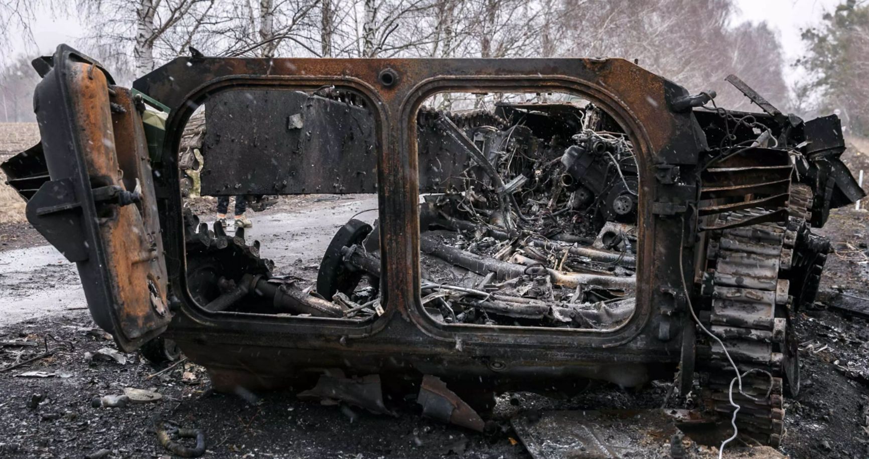 Remains of a burned-out BMP armored vehicle on the way to Motyzhyn