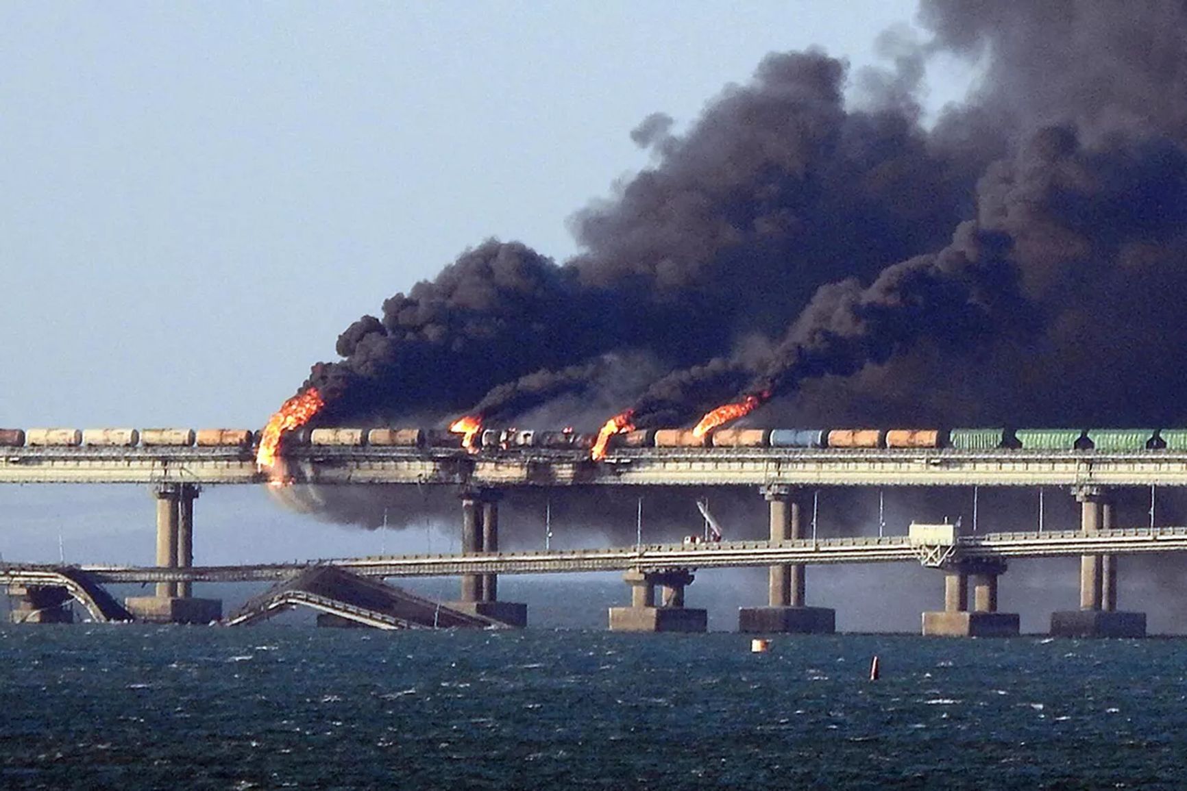 The aftermath of the explosion on the Kerch Strait Bridge in October 2022.