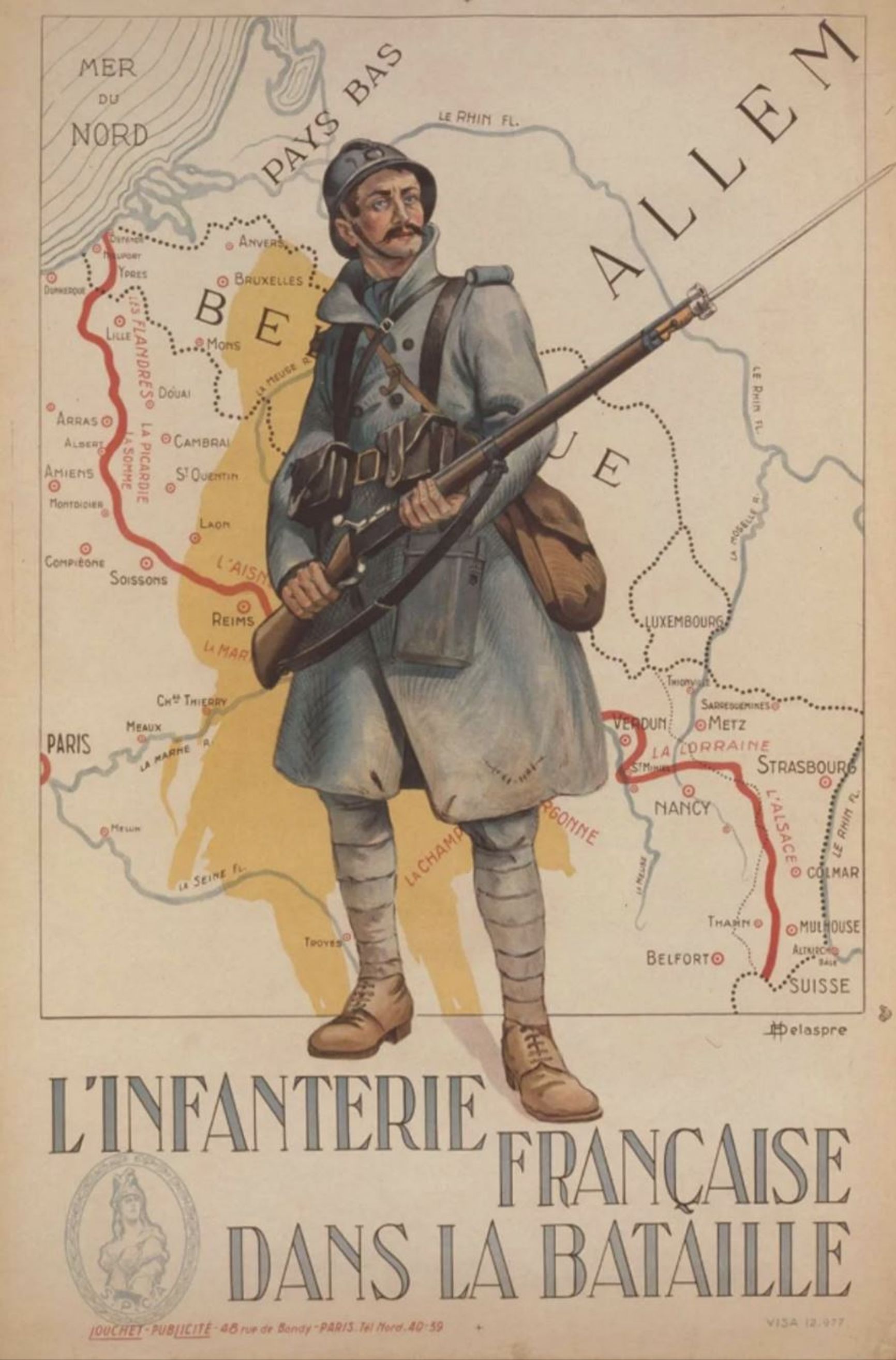 Poster with a French soldier in front of the Hindenburg Line shown on a map (highlighted in red)